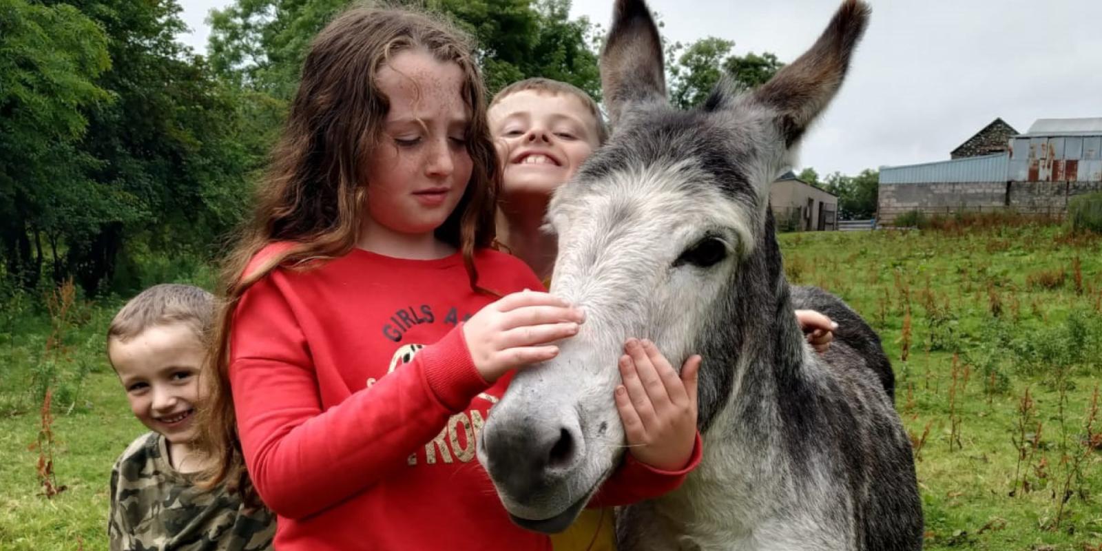 Family with rescued donkey