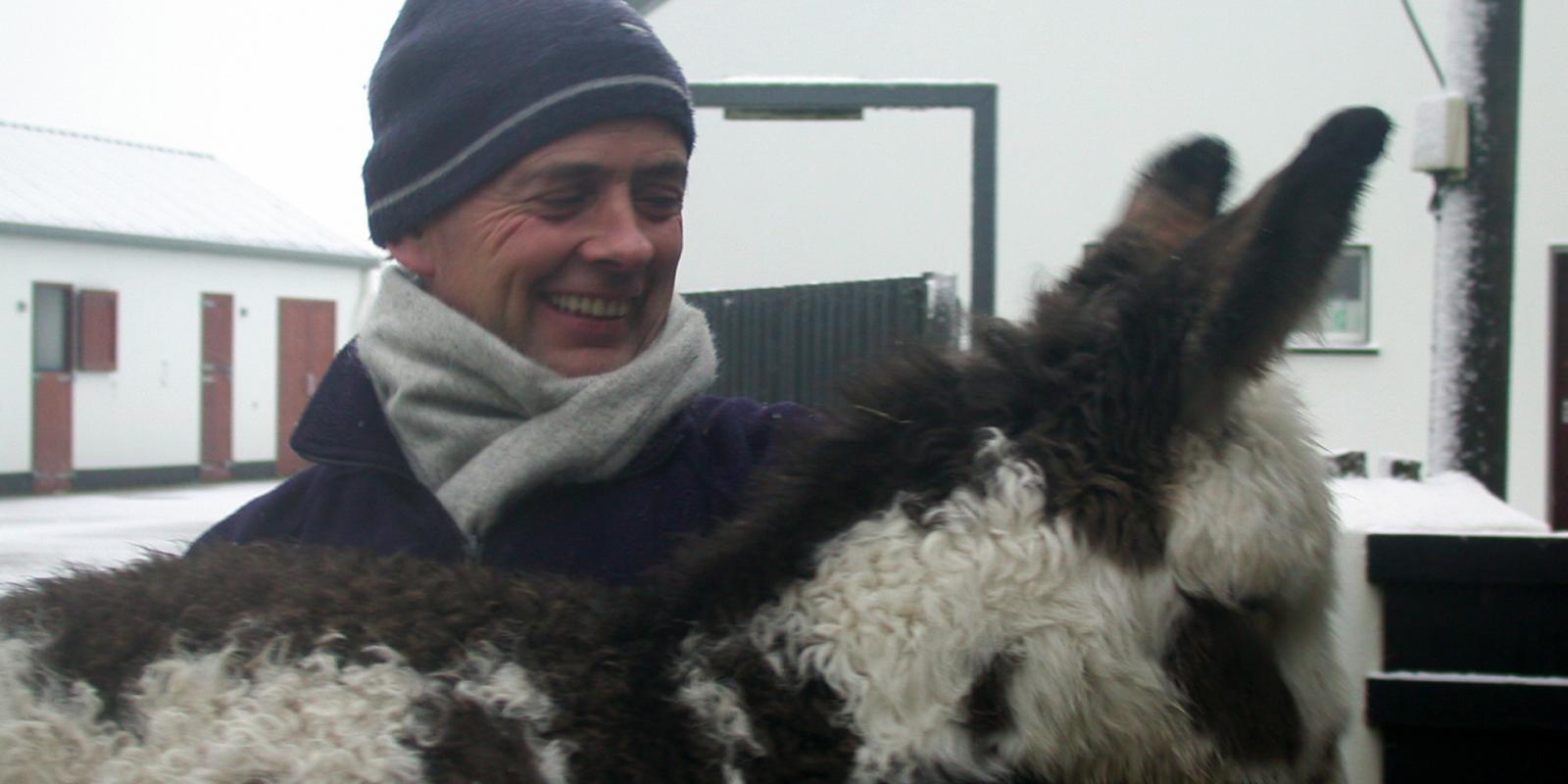 Eugene travelling through the snow to rescue adoption donkey Richie